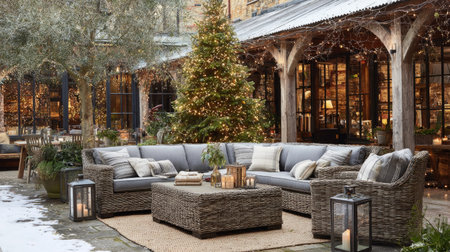 An outdoor scene shows a cozy sectional sofa and armchairs arranged around a coffee table, with a decorated Christmas tree in the background. The space is accented with lanterns and pillows, with neutral tones and natural textures. This image may be suitable for home decor or holiday-themed projects.の素材