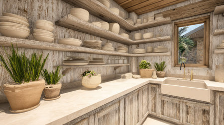 An interior view showcases a rustic kitchen design. Wooden shelves display various white ceramic bowls and plates. Potted plants adorn the counter and window. The scene is illuminated with natural light, suggesting a daytime setting. Suitable for commercial usage in design, lifestyle, or home decor projects.の素材