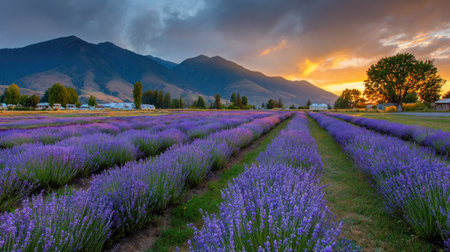 A vibrant landscape captures rows of purple lavender fields under a dramatic sky at sunset. The composition highlights the natural textures, colors, and forms of the plants and landscape. This image offers potential for illustrating concepts such as nature, tranquility, or agricultural production in commercial or editorial projects.の素材