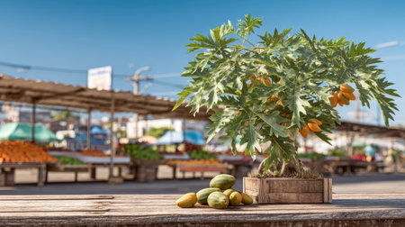 A papaya tree, laden with green and orange fruits, stands prominently on a wooden surface. Its lush green leaves contrast against a bright, cloudless sky. The blurred background hints at an outdoor market setting, potentially for commercial or editorial use. The composition presents a vibrant image of nature's bounty.の素材