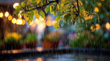 An image captures a rainy day scene featuring vibrant green foliage in the foreground. Water droplets cascade, with blurred lights creating a soft focus effect in the background. The composition suggests an outdoor setting, possibly a garden, suitable for various commercial and editorial applications.の素材