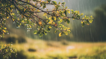 A close-up showcases a rain-drenched tree branch adorned with vibrant green leaves, with droplets clinging to them. The shallow depth of field blurs the background, suggesting a natural environment. The image features soft focus and natural light, making it suitable for various uses.の素材