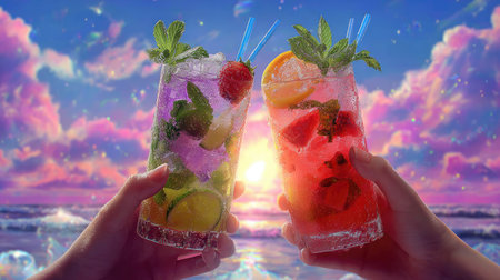 Two hands hold up colorful cocktails, each filled with ice, fruit, and mint sprigs. The drinks feature shades of red, purple, and green. A soft, diffused light source illuminates the scene against a backdrop of a dreamy sky with swirling clouds. This imagery could be used in advertising for beverages or lifestyle publications.の素材