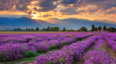 A vast field of purple lavender flowers stretches toward a mountain range under a vibrant sky. The composition features rows of lavender, enhancing depth. Warm sunlight streams through clouds, creating a rich color palette. This image is suitable for various editorial and commercial applications.の素材