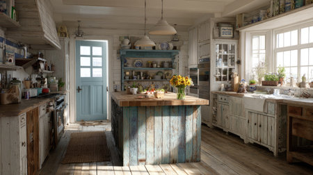 The image showcases a kitchen with a central wooden island and other wooden cabinets, suggesting a rustic design. Abundant natural light floods the space, illuminating the various decorative elements and textures within. This scene might be suitable for use in publications on interior design, home decor, or lifestyle.の素材