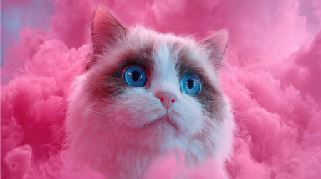 A close-up portrays a Ragdoll cat with captivating blue eyes set against a vibrant pink backdrop. The fluffy fur appears soft, with a mix of white and brown hues. The composition uses a high-key lighting. This image can be used for various commercial projects such as advertising or illustrative content.の素材