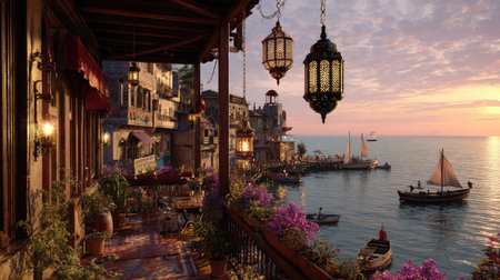A charming balcony overlooks the water at sunset, featuring decorative lanterns and an array of flowers. The composition includes boats and buildings in the distance, with soft lighting suggesting an outdoor setting. Suitable for illustrating travel, leisure, or scenic concepts in various commercial contexts.の素材