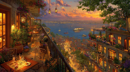 This image showcases a scenic balcony overlooking a body of water at sunset. Warm lighting emanates from buildings, contrasting with the cool tones of the water and sky. The composition, with its lush greenery and detailed architecture, creates a tranquil atmosphere suitable for various commercial applications.の素材