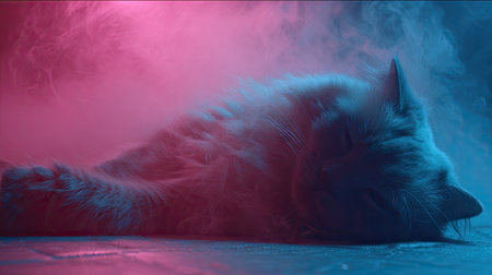 A solitary wolf rests amidst an ethereal atmosphere bathed in vibrant pink and blue hues. The image showcases the animal's fur texture with dramatic lighting. The composition suggests a studio environment with ample copy space suitable for various creative projects and visual content.の素材