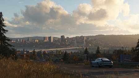 An eye-level view showcases a city skyline under a dramatic, cloud-filled sky. A vehicle is parked on a road in the foreground, while a tree is on the left. The scene is bathed in warm sunlight, suggesting either sunset or sunrise. Suitable for various commercial projects, this image can be utilized across different applications.の素材