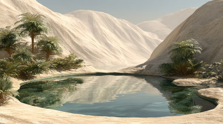 A scenic view showcases a desert oasis featuring a serene pool of water with reflections. Palm trees and sand dunes define the landscape. Soft lighting illuminates the scene, presenting a sense of calm. This imagery could be used for various purposes, including travel publications and environmental themes.の素材