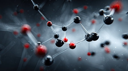 The image depicts a molecular structure composed of interconnected spheres and lines, rendered in a detailed, scientific style. Black and red spheres are arranged, creating a sense of depth against a soft, blurred backdrop. The lighting suggests an artificial environment, perfect for science-related articles or abstract design uses.の素材