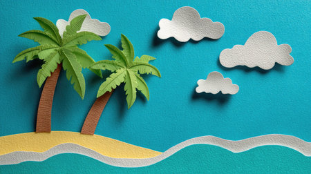 A vibrant papercraft scene depicts a tropical environment with palm trees, clouds, and waves. The composition features a turquoise backdrop, a sandy beach, and stylized paper cutouts. This artistic representation uses various colors and textures. Suitable for creative projects, educational materials, or graphic design resources.の素材