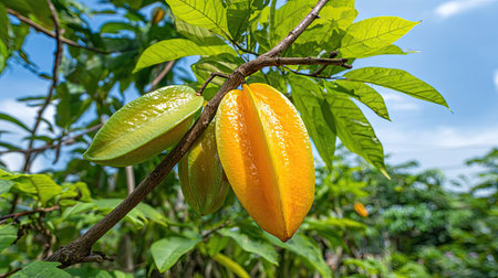 This image showcases star fruit attached to a branch surrounded by green leaves. The ripe fruits exhibit a vibrant yellow color, with a clear blue sky in the background. The composition uses natural light and focuses on the details of the fruit and foliage, suitable for various commercial and editorial applications.の素材