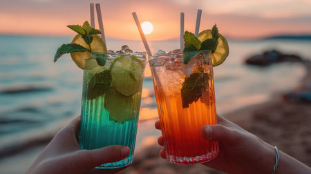 Two vibrant cocktails are held up, showcasing colorful layers of liquid and ice. Garnished with lime and mint, they stand out against a blurred ocean horizon bathed in warm sunset hues. This image suggests relaxation and leisure, suitable for promotional or lifestyle content.の素材