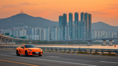 An orange sports car is captured in motion on a highway. The vehicle is set against the backdrop of a large modern city with tall buildings, under a vibrant sunset. The composition features a low angle, capturing the car and its surroundings. The image could be used for travel, automotive, or urban development projects.の素材
