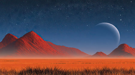 A digital illustration depicts a landscape with red mountains under a gradient sky. The scene includes a crescent moon and a grassy foreground. The artwork uses vibrant colors with a clear composition, suggestive of a night environment. This image is suitable for various editorial and commercial applications.の素材