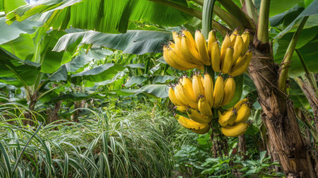 A cluster of yellow bananas hangs from a banana tree, set amidst vibrant green foliage. The composition features natural lighting and textures of the leaves and fruit. This image suggests a tropical environment. Potential applications include use in commercial projects or editorial content about food.の素材