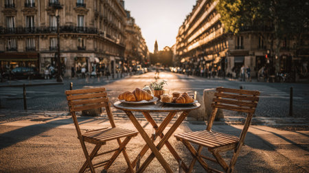 A cafe table with two chairs is set in the middle of a street, with buildings on both sides and a sunlight in the distance. Two plates of croissants and a small vase are set upon the table. The image is composed in a medium-shot perspective, with natural light and a shallow depth of field. Suitable for editorial and commercial uses.の素材