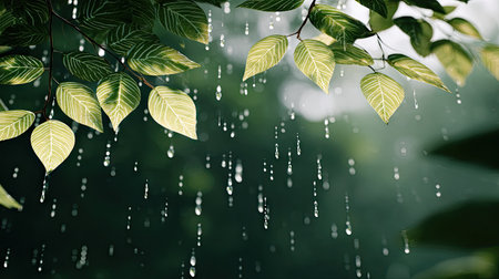 Close-up captures raindrops cascading through leaves in shades of green and yellow. The composition features selective focus, enhancing the droplets' clarity against a softened backdrop. Suitable for environmental themes, nature projects, or designs needing a natural backdrop. Offers potential for editorial or advertising applications.の素材