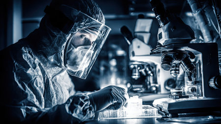 A scientist in a protective suit and face shield conducts research near a microscope. The scene features a dark, indoor setting with a shallow depth of field. The lighting is low-key, creating a sense of focus and scientific study. This image is suitable for commercial uses related to science and healthcare.の素材