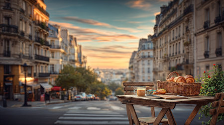 A basket of pastries and a cup of coffee sit on a table in an outdoor cafe. The scene features a blurred city street with buildings, and a sunset sky in the background. The image uses warm colors and soft lighting. Suitable for editorial and commercial applications related to travel and food.の素材