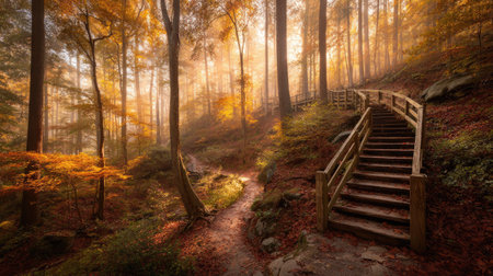 A forest pathway with wooden stairs ascends through a vibrant autumn environment. The scene displays an abundance of trees, illuminated by warm sunlight. The composition presents a sense of depth and tranquility. Suitable for visual content related to nature, travel, or environmental concepts, usable in various media applications.の素材