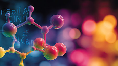 A molecular structure model is depicted in a visually appealing way, with spheres and connecting rods in various colors. The lighting is dynamic with gradients and shadows, creating a sense of depth. The background shows blurred, colorful lights. This image is suitable for science, education, or technology-related articles.の素材