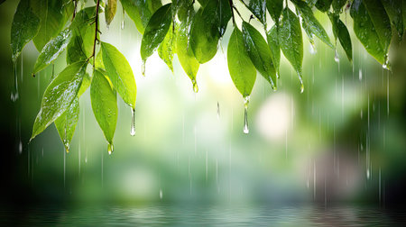 Close-up captures water droplets falling from fresh green leaves. The image showcases a blurred backdrop with soft light and a hint of reflection. It may be suitable for illustrating natural processes, environmental themes, or seasonal changes. Could be used for various commercial or editorial purposes.の素材