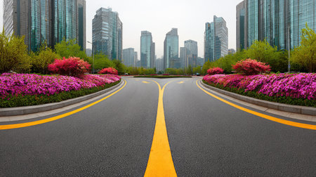 An asphalt roadway splits towards a backdrop of tall buildings. Lush trees and vibrant flowering bushes line the sides of the road. The scene showcases a modern city environment during daytime, likely suitable for urban planning or real estate presentations. The image may be used in various design or informational contexts.の素材