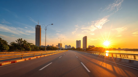 An asphalt road extends toward a city skyline bathed in the warm hues of a sunset. The composition highlights the road's leading lines and the silhouette of buildings. The sky transitions from blue to orange. This image could be utilized for various visual content needs.の素材