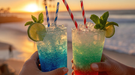 Two vibrant cocktails with straws and lime slices are held up against a blurry beach scene. The drinks display gradient colors, complemented by natural sunlight. Their presentation suggests a warm, inviting atmosphere. Suitable for illustrations related to food and beverage, tourism, and promotional visuals.の素材