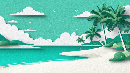 A vibrant illustration showcases a coastal scene with paper-cut style elements. The turquoise ocean meets a sandy beach, adorned with green palm trees and fluffy white clouds against a teal sky. This artworkの素材