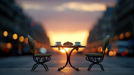 A miniature cafe scene features a table set with coffee cups and food, flanked by ornate chairs. The image displays warm colors and a blurred background. This setting suggests a serene moment during the day, ideal for lifestyle projects and editorial content.の素材