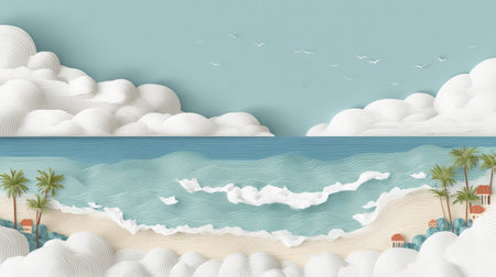 A paper-cut style illustration depicts a tranquil beach with soft clouds and gentle waves. The scene features blue skies, turquoise water, and a sandy shore adorned with palm trees. The artwork utilizes a pastel color palette and a shallow depth of field, suitable for various creative projects and editorial content.の素材