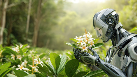 A futuristic robot is depicted delicately examining a cluster of white flowers, set within a dense, green environment. The image showcases a blend of technology and nature, highlighting a thoughtful moment. The composition uses a soft focus with ambient lighting. This image could be utilized for illustrating technology, conservation, or scientific exploration.の素材
