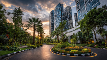 This image showcases contemporary high-rise buildings set against a backdrop of vibrant green trees and foliage. The composition features a winding road leading towards the structures, under a dynamic sky filled with clouds. The scene suggests a daytime setting, suitable for various commercial and editorial uses.の素材