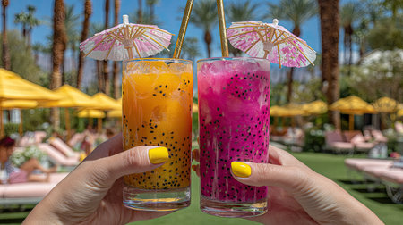 Two glasses of vibrantly colored fruit cocktails, one yellow and one pink, are held in front of a background of lush greenery. The drinks are garnished with decorative umbrellas and straws. The composition is bright and cheerful, likely suitable for use in promotional material.の素材