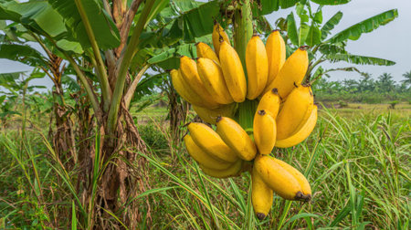 A cluster of yellow bananas is displayed on a tree in a natural setting. The composition features vibrant green foliage in the background and foreground. The image presents a clear, bright view with ample copy space, and would be suitable for commercial applications related to food, health, or agriculture.の素材