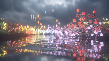 An abstract scene features molecular structures suspended over water. The image showcases vibrant colors including red, orange, and yellow, with bokeh-like effects and reflections. The composition likely represents scientific concepts, offering potential use in educational materials or technological designs, enhanced by atmospheric lighting.の素材