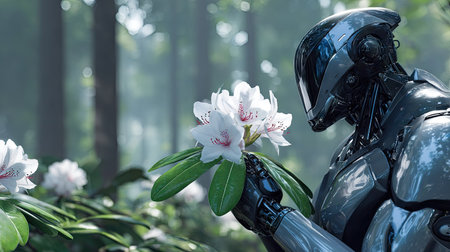 A metallic robot in a forest holds delicate white flowers with green leaves. The composition shows a close-up of the robot's arm and the flowers, with a blurred forest background. The lighting suggests daytime. The image could be used for commercial or editorial purposes, such as illustrating future technology or nature.の素材