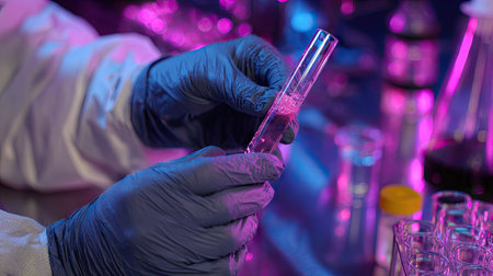 A scientist examines a test tube filled with a pink substance, wearing protective gloves and clothing. The scene takes place in a laboratory with various scientific equipment. The image displays vivid colors with artificial lighting, suggesting research or analysis. It could be used for scientific publications or commercial projects.の素材