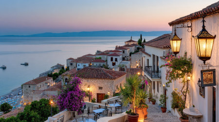 A picturesque coastal village is depicted at sunset. Buildings with terracotta roofs and white walls cascade down a hillside. The scene is bathed in soft light with a color palette of blues, oranges, and purples. Suitable for various commercial purposes, this image evokes a sense of tranquility.の素材