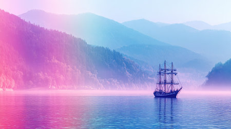 A sailboat glides across tranquil water, set against layers of soft-hued mountains. The scene features a gradient of colors, from pink to blue, creating a dreamy atmosphere. The composition includes reflection in the water. Suitable for various editorial and commercial applications.の素材