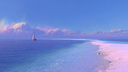 A sailboat navigates tranquil waters near a white sand beach under a vibrant blue sky. The scene features a colorful rainbow and soft sunlight enhancing the coastal environment. The composition presents a serene coastal landscape suitable for various commercial or editorial projects, suggesting leisure and tranquility.の素材