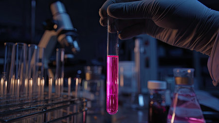 A gloved hand holds a test tube containing a vibrant pink liquid. The image showcases a laboratory environment with scientific equipment. The color palette consists of cool tones, and the focus is on the experimental substance and its application. This could be suitable for scientific research, educational materials, or pharmaceutical promotions.の素材
