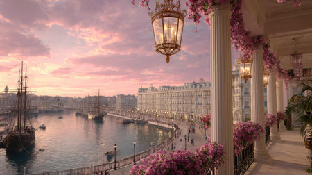 An exterior shot captures a coastal city at dusk with a harbor filled with boats and buildings. Floral arrangements adorn a balcony, with lanterns providing warm light. The color palette includes pink, gold, and blue hues. This image could be utilized for travel, tourism, or architectural projects.の素材