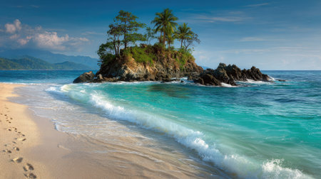 This image showcases a small island with lush green trees and rocky formations surrounded by crystal-clear turquoise water. The composition features a sandy beach and the ocean under a bright blue sky. It could be suitable for travel brochures, websites, or general commercial uses emphasizing natural beauty.の素材
