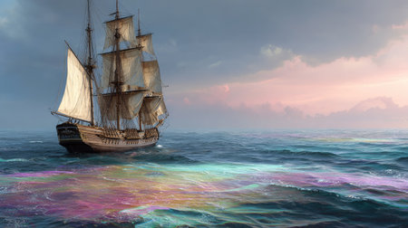A tall sailing vessel navigates the open ocean under a cloudy sky, with the water featuring a colorful, iridescent effect. The image exhibits a digital painting style with detailed textures and dynamic lighting. Suitable for various commercial applications, the artwork evokes themes of travel and adventure.の素材