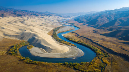 An aerial perspective reveals a meandering river carving its path through a textured desert landscape. The scene showcases a contrast of tan sand dunes, brown arid fields, and the vibrant blue of the river. This image captures a sense of serenity and the raw beauty of nature, suitable for various commercial and editorial projects.の素材